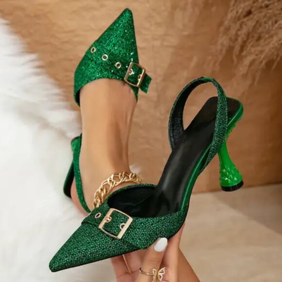 Green Sparkly Pointy Toe Sling Back Heeled Shoes Sz 10 - Picture 1 of 12